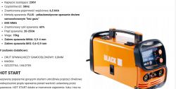 Orange welding machine with a display and buttons, next to technical information.