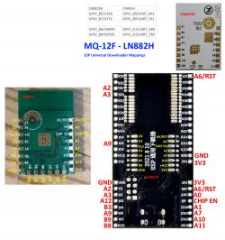 Comparison of LN882H and LN8825B modules with pins labeled on a black PCB and green module.