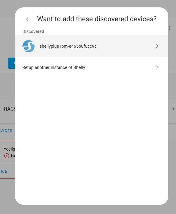 Screen of adding Shelly Plus 1PM device in Home Assistant interface