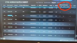 Zrzut ekranu listy kompatybilnych pamięci RAM dla płyty głównej Z790 AORUS ELITE X WIFI7