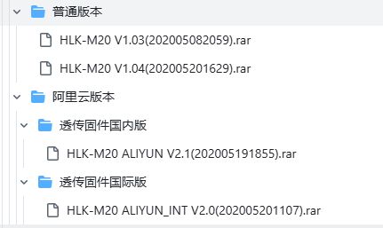 Screenshot showing a folder structure with RAR files of various HLK-M20 firmware versions.