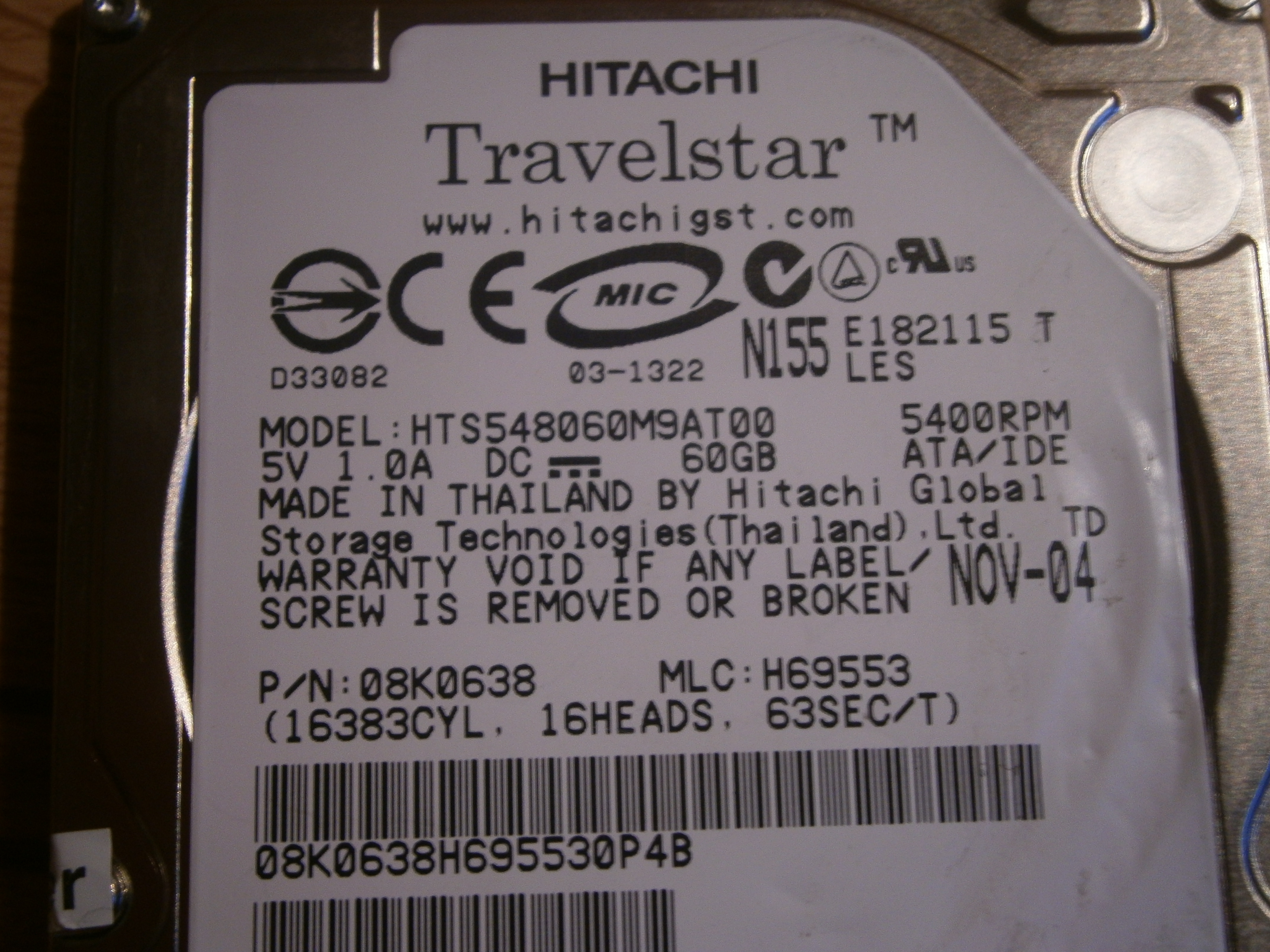 60 GB 2,5  6,35cm Disque Dur Ide Pata 44-PIN Hitachi HTS541060G9AT00 5400u F124