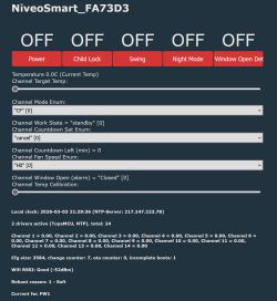 Screenshot of the OpenBeken web UI for NiveoSmart_FA73D3 with toggles, temperature fields, and TuyaMCU config text.