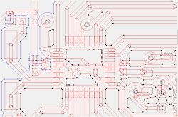 PCB design with outline traces and drill markers Processed PCB design view with marked traces and drill holes