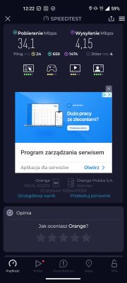 Zrzut ekranu aplikacji Speedtest pokazujący wyniki testu prędkości internetu mobilnego 5G sieci Orange: pobieranie 34,1 Mbps, wysyłanie 4,15 Mbps, ping 24 ms.