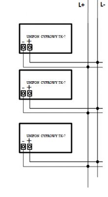 Schemat podłączenia unifonów cyfrowych TK-7 do linii dwprzewodowej.