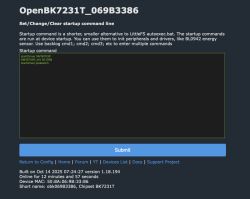 OpenBK7231T configuration screen with startup commands for SM16703P driver