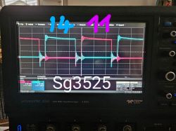 Oscilloscope screen showing signals on pins 11 and 14 of the SG3525 with annotations.
