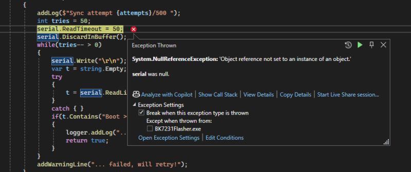 Screenshot from Visual Studio showing a NullReferenceException error.