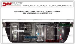 View of ECU connector with labeled pins for ground, power, communication lines, and GPT signals, set against DimSport branding.