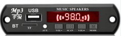 Panel czołowy modułu odtwarzacza MP3 z wyświetlaczem 98.0 FM i złączami USB oraz AUX.