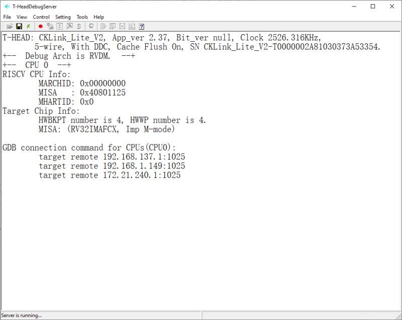 T-HeadDebugServer window displaying debugger connection and RISC-V CPU information.