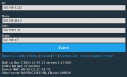 Network configuration interface with IP, mask, DNS, and gateway settings.