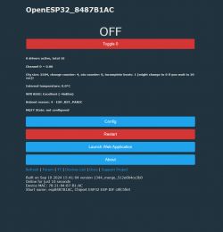 OpenESP32 user interface with a Toggle 0 button and system information