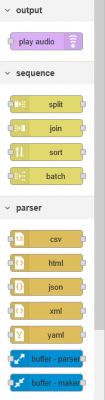 Screenshot of Node-RED editor showing a list of available nodes under categories output, sequence, and parser.
