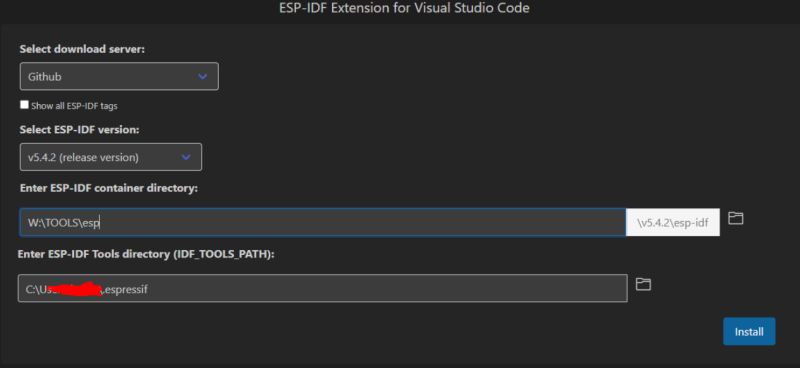 Okno konfiguracji rozszerzenia ESP-IDF w Visual Studio Code z polami ścieżek i przyciskiem Instaluj