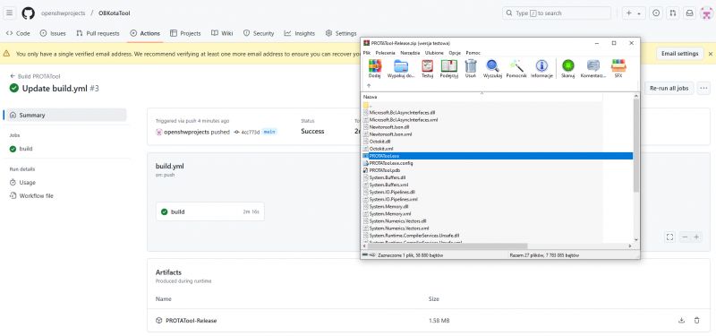Screenshot of the build process in GitHub Actions for OBKotaTool.