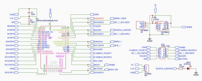 Diagram of a main board with ESP32-WROOM-32E module and various GPIO connections.