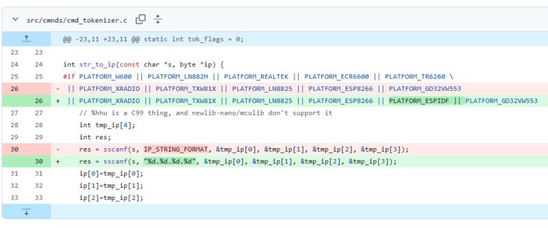 Diff view of cmd_tokenizer.c changing platform #if list and sscanf format string.