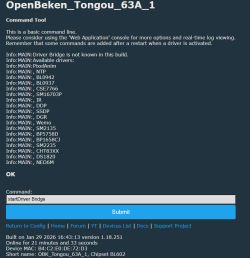 Screenshot of OpenBeken interface listing drivers and command input for Bridge