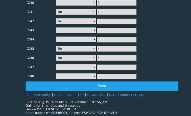 ESP32S3 pin configuration interface with relay roles assigned