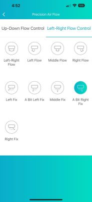 Air conditioner air flow control panel with various left-right direction options.
