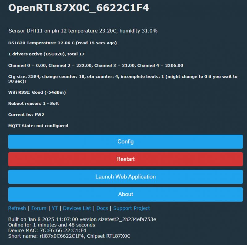 OpenRTL87X0C user interface displaying sensor information and configuration options.