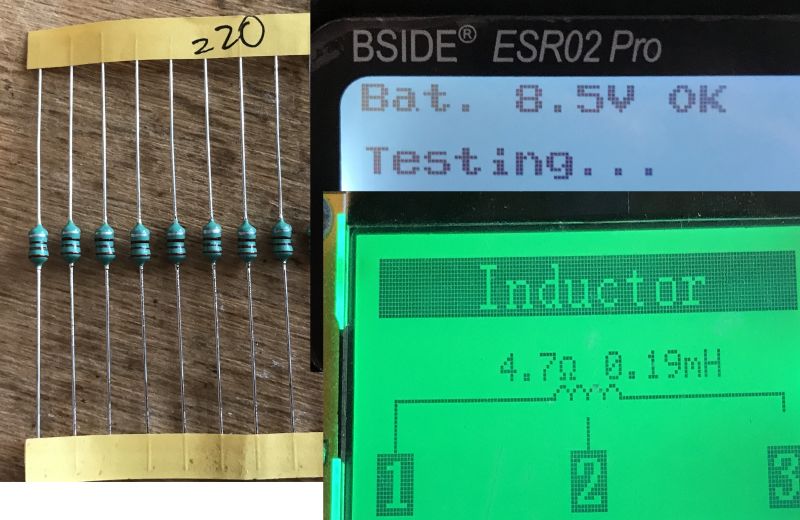 BSIDE ESR02 Pro Tester in Action Image of the BSIDE ESR02 Pro component tester performing an inductor measurement alongside resistors labeled as 220 Ohm.