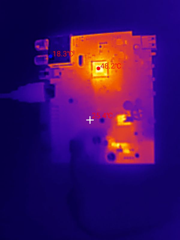Thermal image of TE 1050 HD tuner interior showing hot spot reaching 48.2°C