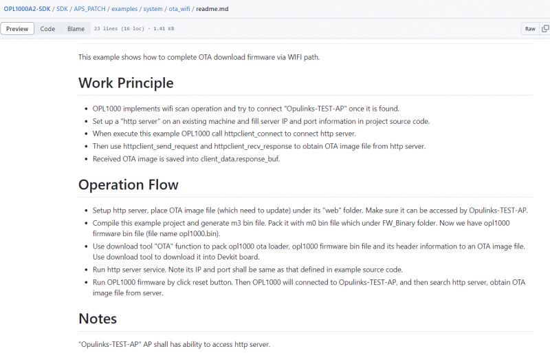 Screenshot of OPL1000A2-SDK documentation on downloading OTA firmware via WiFi.