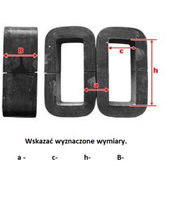 Obraz przedstawia trzy stalowe rdzenie transformatora ze wskazanymi wymiarami.