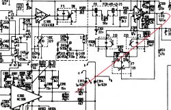Schemat elektroniczny z zaznaczoną czerwoną linią