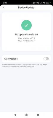 Device Update Screen Device update screen with No updates available message.