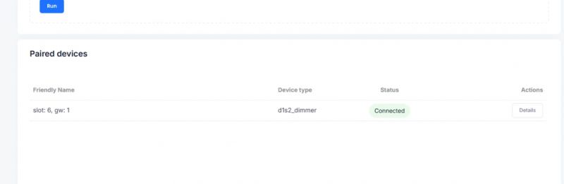 List of paired devices with one d1s2_dimmer device and status Connected.