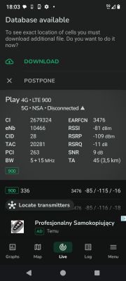 Zrzut ekranu z NetMonster z informacjami o sygnale Play LTE 900 na poddaszu