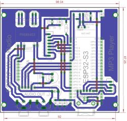 Projection view of ESP32 PCB with traced paths and labeled pin headers.