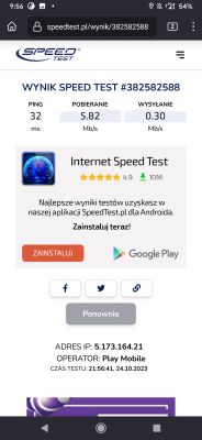 Zrzut ekranu z aplikacji SpeedTest.pl pokazujący wyniki testu prędkości internetu z operatorem Play Mobile.