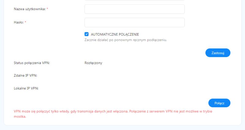 Interfejs logowania VPN z polami użytkownika i hasła oraz informacją o błędzie