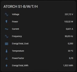 Panel displaying electrical parameters of the ATORCH S1-B/W/T/H device.