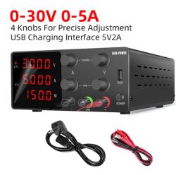 Zasilacz laboratoryjny z wyświetlaczem LCD i czterema pokrętłami do precyzyjnej regulacji oraz interfejsem USB 5V2A.