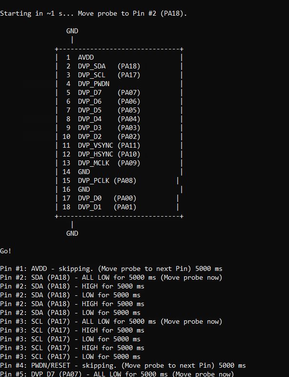 DVP module pinout diagram with test log showing GPIO pin signal states