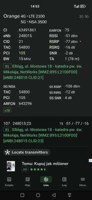 Zrzut ekranu z aplikacji z parametrami sieci Orange 5G i LTE przy oknie
