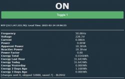 Screenshot displaying electrical energy measurement data, including frequency, voltage, current, apparent and reactive power, and energy consumption.