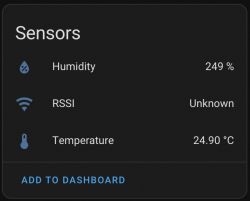 Sensor panel with humidity at 249%, RSSI unknown, and temperature at 24.90°C.