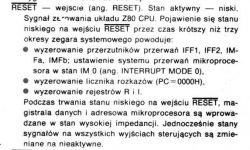 Fragment tekstu z czasopisma technicznego, dotyczący funkcji RESET w procesorze Z80.