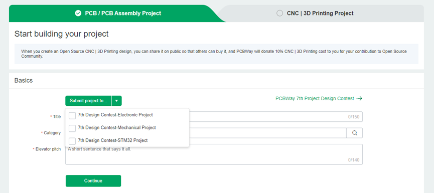 Submission Form for PCBWay's 7th Project Design Contest Screenshot of the PCBWay contest submission form with options for selecting project category.