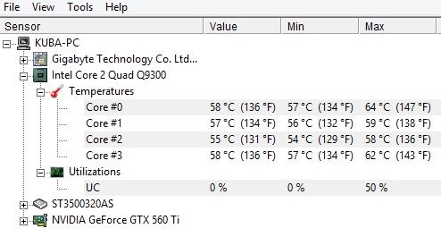 Czy temperatury ASUS GeForce 560 TI i Intel Q9300 są w normie?