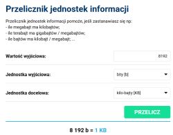 Kalkulator jednostek informacji pokazuje, że 8192 bity to 1 KB