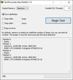 Okno programu TechPowerUp MemTest64 z widocznymi ustawieniami testu pamięci RAM