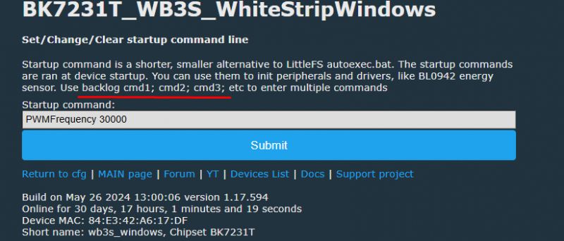 Screenshot of a user interface for setting startup command line for BK7231T device.